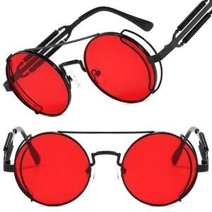 Coiled Spring Temple Bold Edge Red Lens Mens Womens Black Round Sunglasses